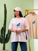 تیشرت پنبه باکسی ماه و پروانه ( کرم دوبل ) - ( پک 4 عددی ) - GL - شناسه 00208038