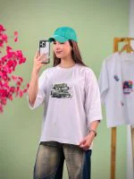 تیشرت پنبه باکسی آستین سه ربع سفید-طرح کاپلی - (عمده پک 2 عددی) - GL - شناسه 00201032 - تصویر 3
