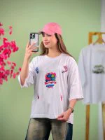 تیشرت پنبه باکسی آستین سه ربع سفید-طرح کاپلی - (عمده پک 2 عددی) - GL - شناسه 00201032