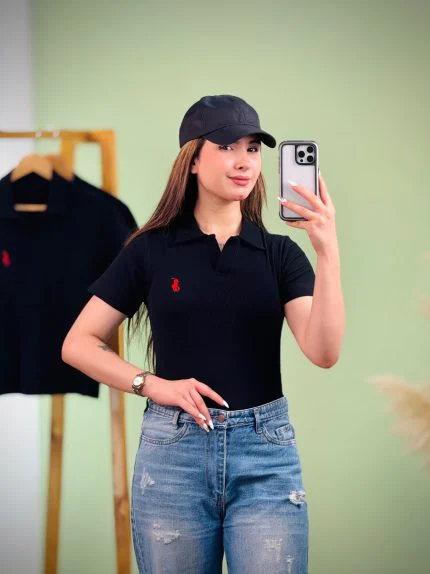 تیشرت کبریتی یقه دار گلدوزی polo (پولو شرت) -تک رنگ مشکی - (عمده پک 3 عددی) - nus - شناسه 00201044