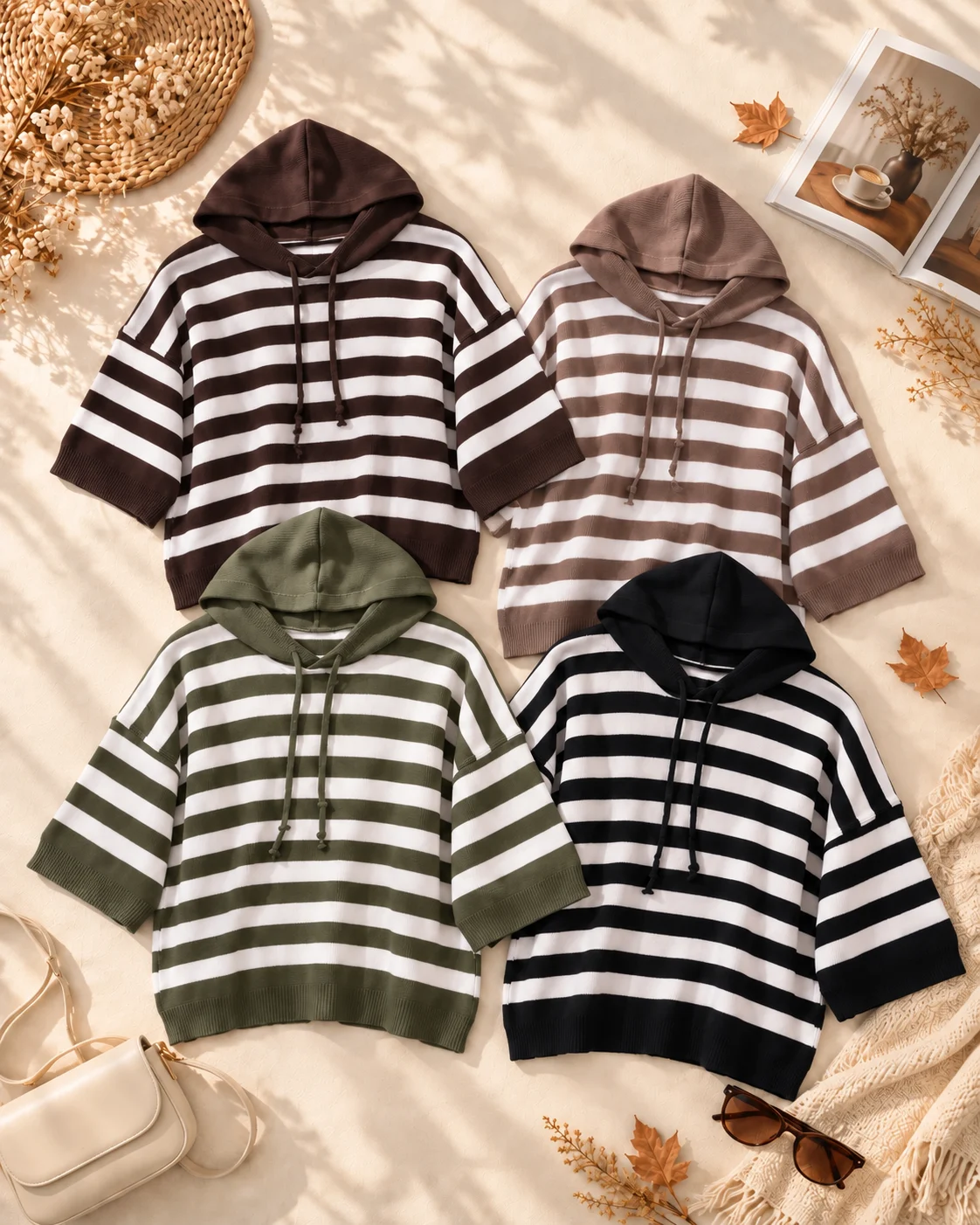 Autumn Striped Hoodie Flat Lay بافت کلاهدار راه راه - (عمده پک 4 عددی) - HDR - شناسه 00204010 - تصویر 1