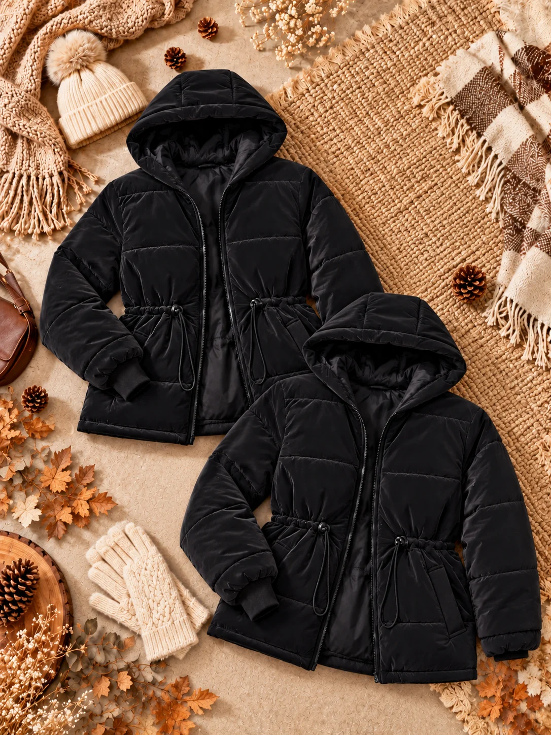 Cozy Autumn Black Puffer Jacket Set کاپشن کمر گت ( تک رنگ مشکی ) - (عمده پک 2 عددی) - NZ - شناسه 00220003 - تصویر 1