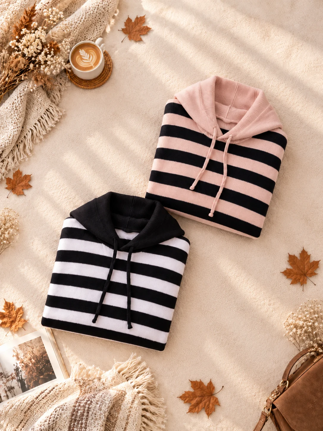 Cozy Autumn Hoodie Flat Lay بافت کلاهدار راه راه - (عمده پک 2 عددی) - HDR - شناسه 00204010 - تصویر 1