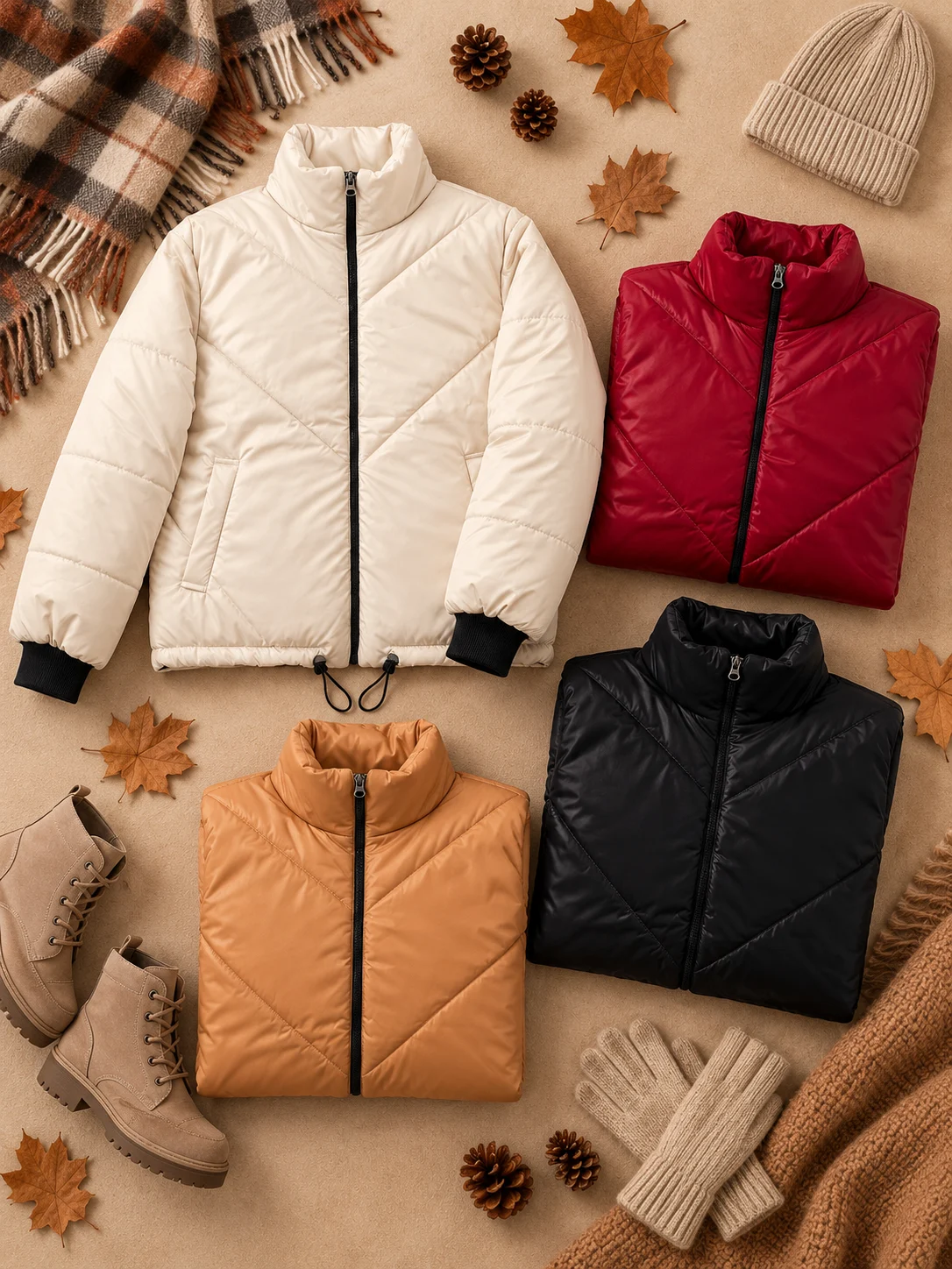 Cozy Autumn Puffer Jacket Flat Lay کاپشن پایین گت - (عمده پک 4 عددی) - NZ - شناسه 00220004 - تصویر 1