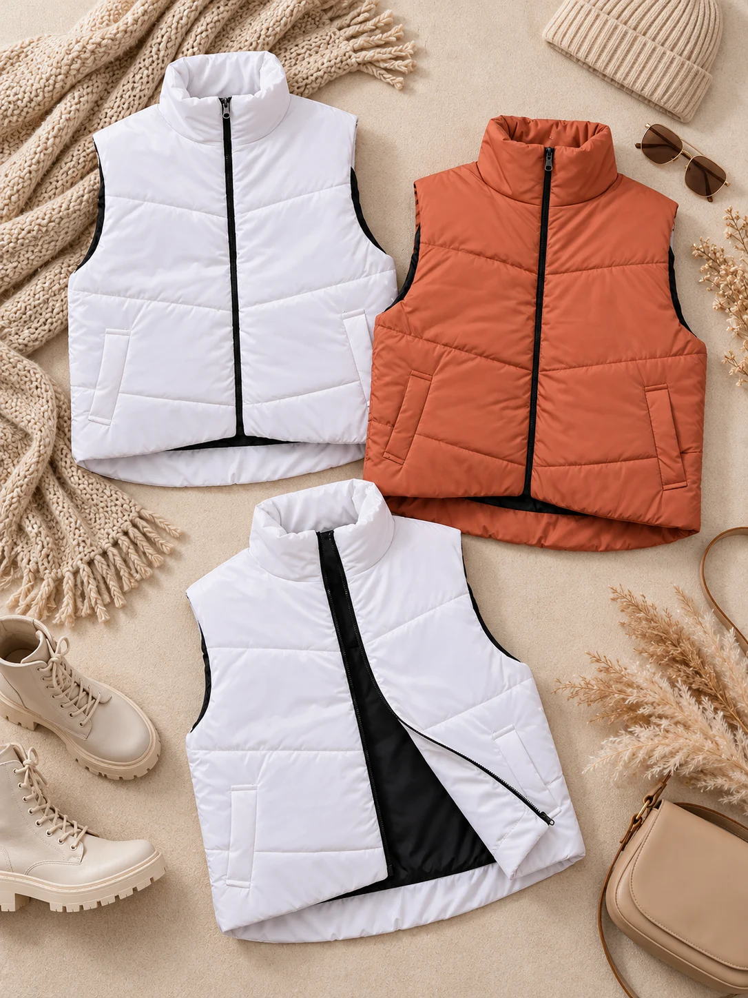 Cozy Autumn Puffer Vest Collection پافر پشت بلند سیلیکونی ( سفید دوبل ) - (عمده پک 3 عددی) - NZ - شناسه 00219003 - تصویر 1