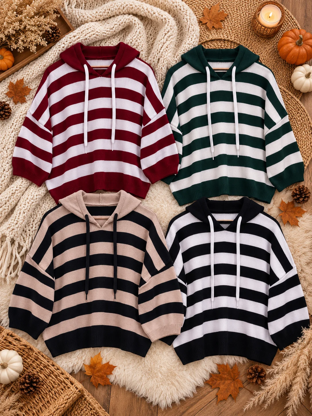 Cozy Autumn Striped Hoodie Flat Lay هودی بافت راه راه آکریل - (عمده پک 4 عددی) - AB - شناسه 00204013 - تصویر 1