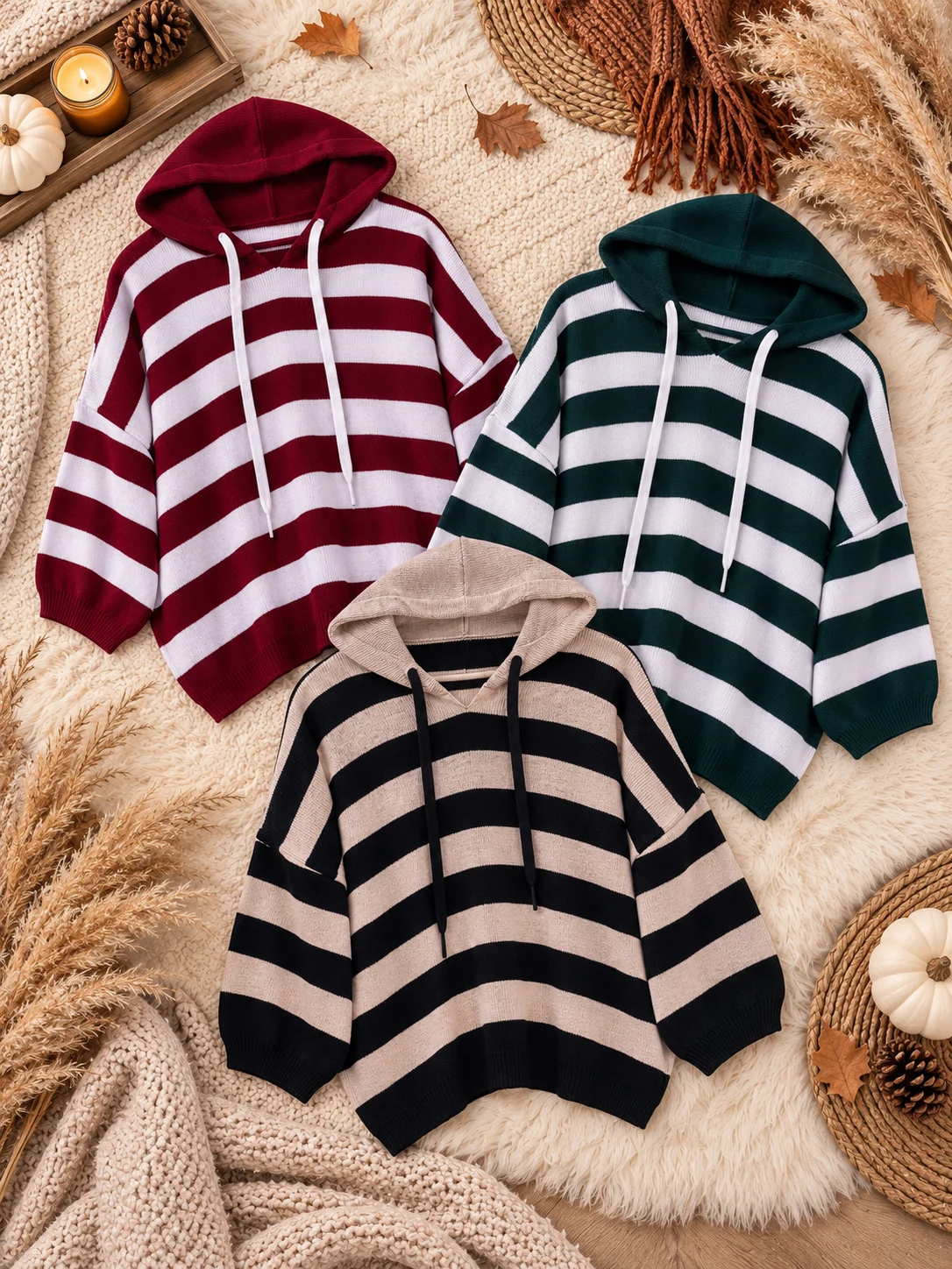 Cozy Autumn Striped Hoodie Trio هودی بافت راه راه آکریل - (عمده پک 3 عددی) - AB - شناسه 00204013 - تصویر 1