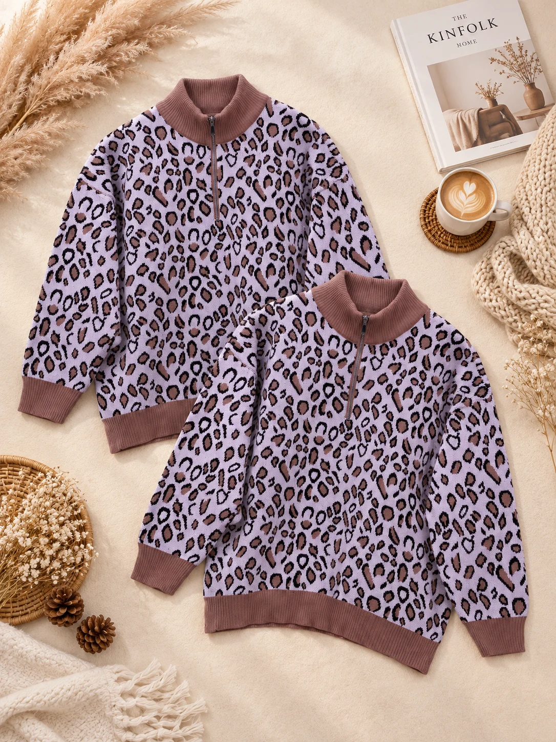 Cozy Leopard Knitwear Flat Lay بافت پلنگی نیم زیپ(تک رنگ نسکافه ای) - (عمده پک 2 عددی) - HDR - شناسه 00204012 - تصویر 1