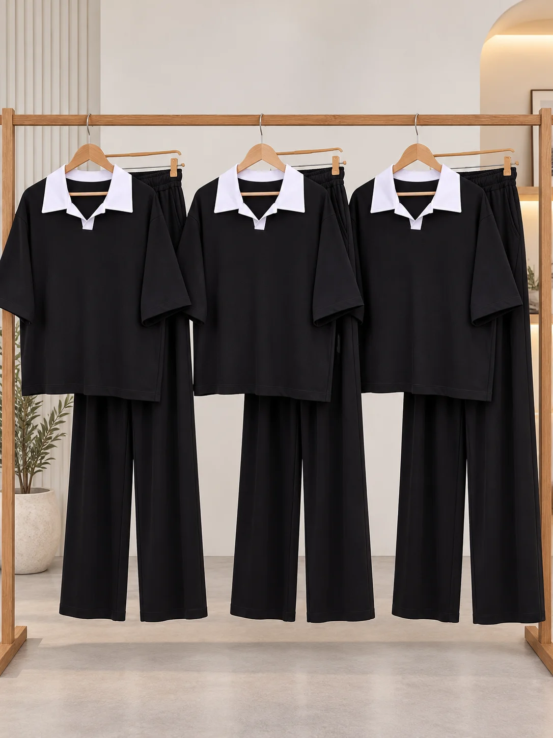 Minimal Black Outfit Rack Display ست تیشرت یقه دار و شلوار بگ ( تک رنگ مشکی ) - (عمده پک 3 عددی) - BSR - شناسه 00208019 - تصویر 1
