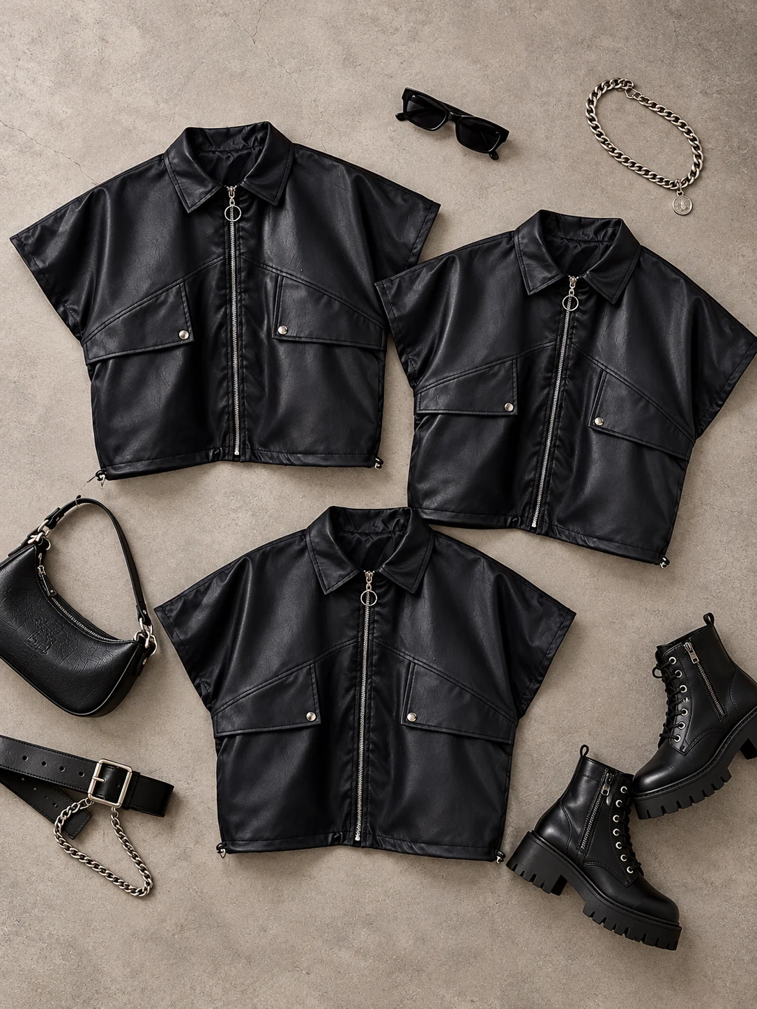 Monochrome Leather Jacket Flat Lay وست زیپ دار - تک رنگ مشکی - (عمده پک 3 عددی) - NZ - شناسه 00217006 - تصویر 1